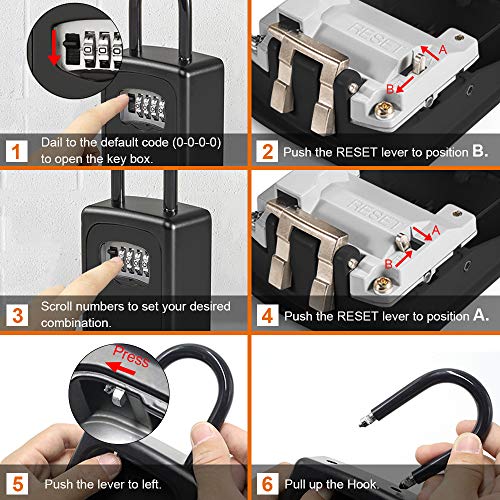 Caja de Cerradura con Llave Montado en la Pared Clave Caja con Candado de 4 Dígitos Combinación de Bloqueo Exterior e Interior Seguridad Llave Storage (Negro)