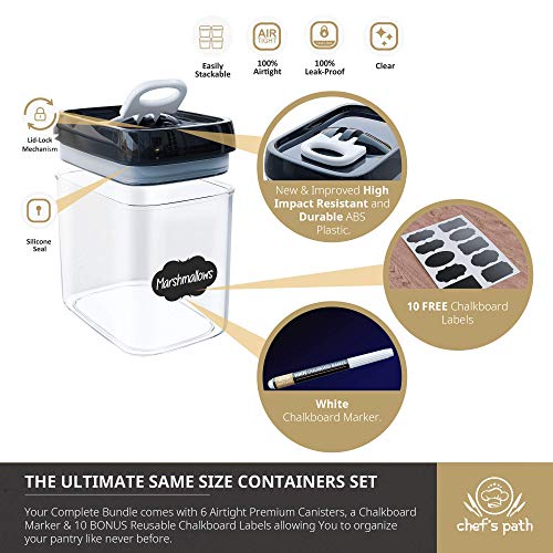 Chef's Path Botes Cocina Almacenaje Alimentario Hermético – 10 Etiquetas + Rotulador – Botes Cocina y Despensa – Táper Plástico Transparente con Tapes Duraderos (6 Piezas – 1,5 L)