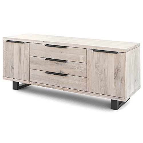 COMIFORT Aparador de Madera Maciza - Mueble para Salón Moderno, Estilo Minimalista, Cómoda de Almacenaje con Cajonera de 2 Puertas y 3 Cajones, Color Roble Blanco