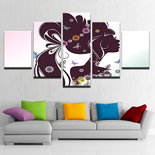 DGGDVP Decoración del hogar Arte de la Pared Imágenes Impresiones en Alta definición Carteles 5 Piezas Hermoso Cabello Largo Florista Silueta de niña Pinturas de Lienzo Tamaño 1 con Marco