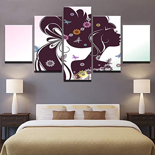 DGGDVP Decoración del hogar Arte de la Pared Imágenes Impresiones en Alta definición Carteles 5 Piezas Hermoso Cabello Largo Florista Silueta de niña Pinturas de Lienzo Tamaño 1 con Marco