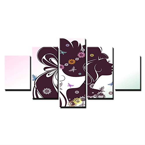 DGGDVP Decoración del hogar Arte de la Pared Imágenes Impresiones en Alta definición Carteles 5 Piezas Hermoso Cabello Largo Florista Silueta de niña Pinturas de Lienzo Tamaño 1 con Marco