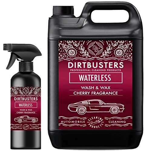 Dirtbusters Limpiador y Abrillantador Sin Agua para Coches con Cera + Espray Limpiador. Seguro, No Tóxico, Brillante y Duradero. Acabado Profesional. Aroma a Cereza. Botella de 5 litros + 500ml