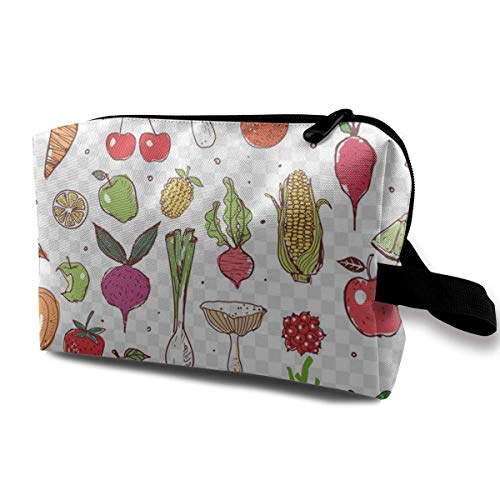 DJNGN Bolsas de maquillaje para mujeres, bolsa de maquillaje de viaje, pequeña bolsa de cosméticos Vintage naranja berenjena color Doodle frutas y verduras Bosquejo de alimentos saludables Pimienta Z