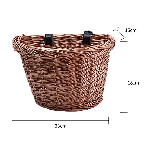 Donpow Cesta de Bicicleta de Mimbre, Cesta Delantera en Forma de D con Correas de Cuero, Cesta de Bicicleta de Mimbre Vintage marrón Hecha a Mano para Picnic, Compras, Almacenamiento (S)