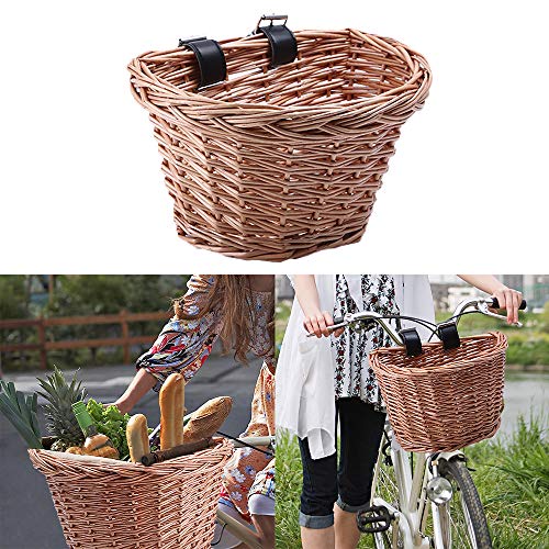 Donpow Cesta de Bicicleta de Mimbre, Cesta Delantera en Forma de D con Correas de Cuero, Cesta de Bicicleta de Mimbre Vintage marrón Hecha a Mano para Picnic, Compras, Almacenamiento (S)