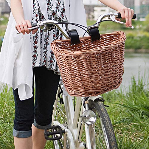 Donpow Cesta de Bicicleta de Mimbre, Cesta Delantera en Forma de D con Correas de Cuero, Cesta de Bicicleta de Mimbre Vintage marrón Hecha a Mano para Picnic, Compras, Almacenamiento (S)
