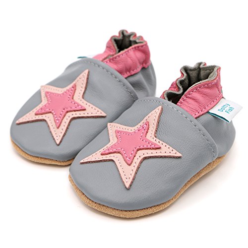 Dotty Fish Zapatos de Cuero Suave para bebés. Antideslizante. Estrella Gris y Rosa. 6-12 Meses (19 EU)