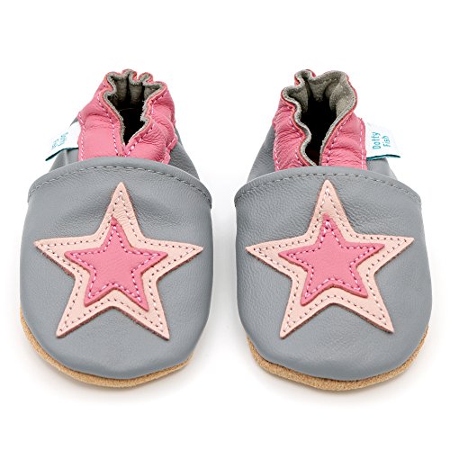 Dotty Fish Zapatos de Cuero Suave para bebés. Antideslizante. Estrella Gris y Rosa. 6-12 Meses (19 EU)