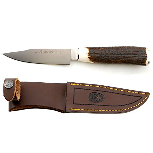 Electropolis Cuchillo de Caza Muela Gaucho GAUCHO-12A, con puño de asta de Ciervo, Casquillo INOX, Hoja MOVA de 12 cm + Tarjeta Multiusos de Regalo
