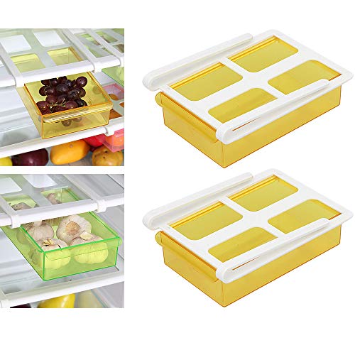 Elinala Organizador de Cajón para Nevera, Organizador Nevera, 2 PCS Refrigeradores de Plástico Contenedores Extraíbles y Organizador de Estante para Verduras y Frutas (Amarillo)