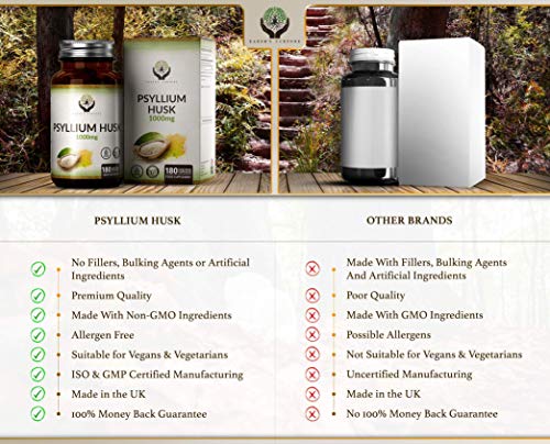 EN Cascara de Psyllium 1000mg | 180 Capsulas Veganas de Cáscaras de Psyllium | Fibra de Plantago Ovata | Psilium Husk Capsulas del Polvo | Sin Gluten, OGM, Alergenos o Lácteos