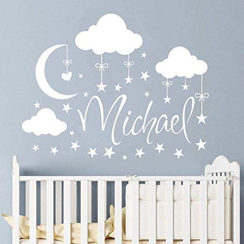 Etiqueta De La Pared Luna Con Estrellas Tatuajes De Pared Nubes Nombre Etiqueta De La Pared Babys Decoración Del Dormitorio Nombre Con Hielo Decoración De Vinilo 54 * 42Cm