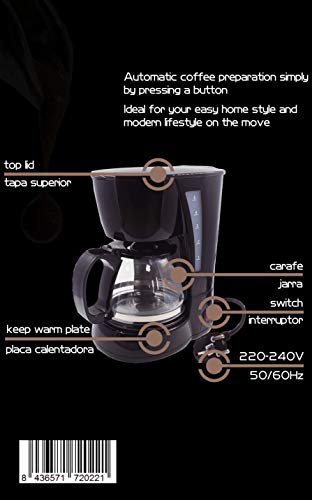 Family Care Cafetera de Goteo, cafetera eléctrica, Jarra 0.6 litros para 4 Tazas, Acero inoxidable y plástico, color Negro, 650 W