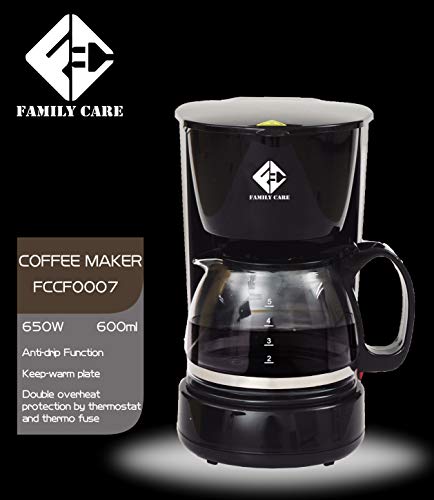 Family Care Cafetera de Goteo, cafetera eléctrica, Jarra 0.6 litros para 4 Tazas, Acero inoxidable y plástico, color Negro, 650 W