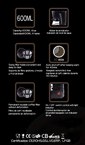 Family Care Cafetera de Goteo, cafetera eléctrica, Jarra 0.6 litros para 4 Tazas, Acero inoxidable y plástico, color Negro, 650 W