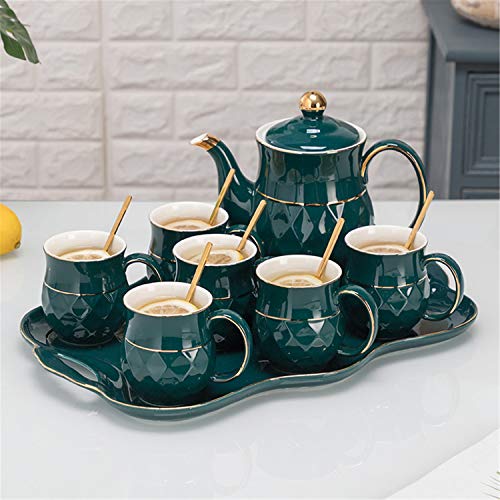 fanquare 8 Piezas Juegos de Té de Porcelana Inglesa Verde, Juego de Café de Cerámica para Adultos, Una Tetera, Juego de 6 Tazas de Café con Bandeja
