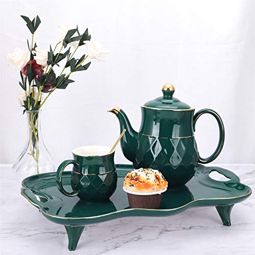 fanquare 8 Piezas Juegos de Té de Porcelana Inglesa Verde, Juego de Café de Cerámica para Adultos, Una Tetera, Juego de 6 Tazas de Café con Bandeja