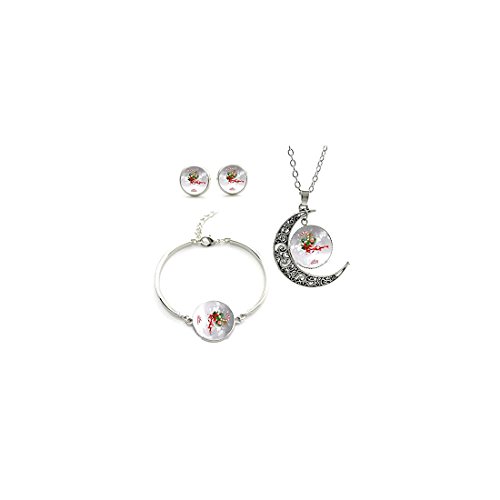 Feliz Navidad regalo lindo un bastón de caramelo rojo cinta arte foto luna collar pendiente pulsera