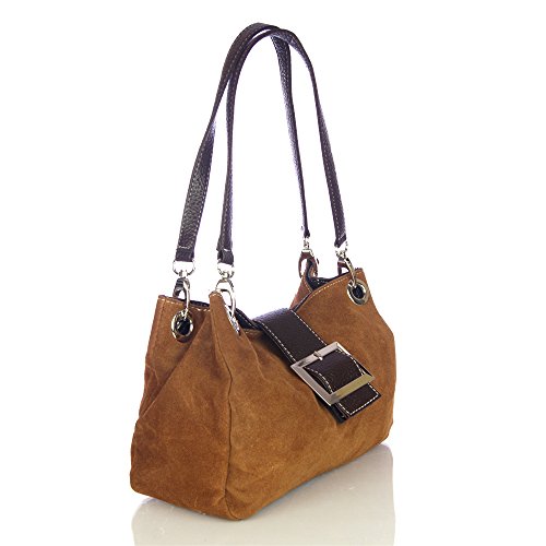 FIRENZE ARTEGIANI.Bolso de Mujer Piel auténtica. Bolso Mujer de Piel Acabado Gamuza con Asas y Detalles en Dollaro. Made IN Italy. Vera Pelle Italiana. 29x20x9 cm. Color: Cuero