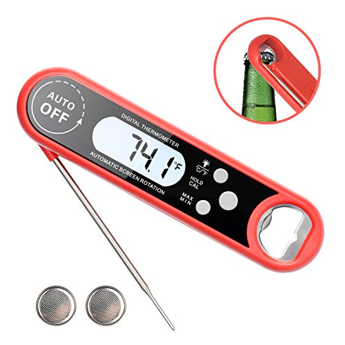 flintronic Termómetro para Carne, Termómetro de Cocina Digital Lectura Instantánea Termómetro para Alimentos con Sonda, Resistente al Agua IP67 Auto Encendido/Apagado (batería incluida)- Rojo