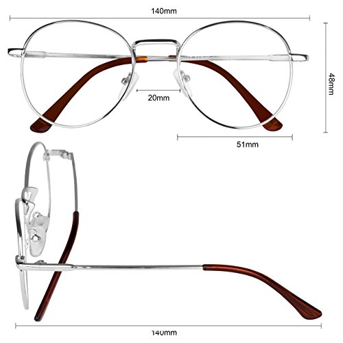 Forepin® Montura para Gafas Hombre y Mujeres Vintage Unisexo Retro del Metal Vidrios Claros de la Manera Gafas Transparent - Plata