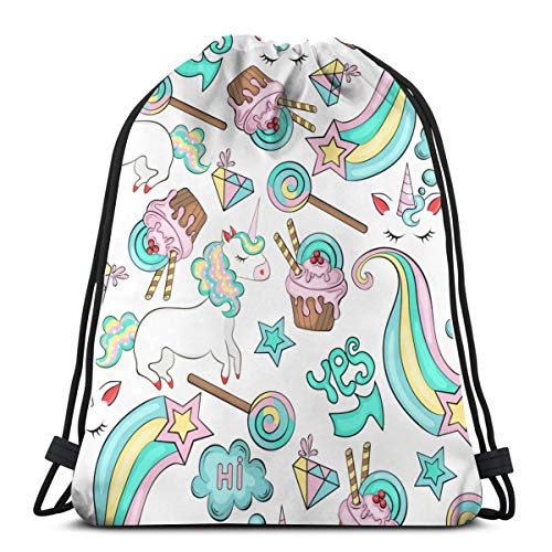 Frases de unicornios de colores brillantes Hola y nubes Tortas Elementos de estrellas Mochila con cordón Bolsa Gimnasio Bolsas de baile Regalo de cumpleaños para niños Adolescentes 17×14 Pulgada