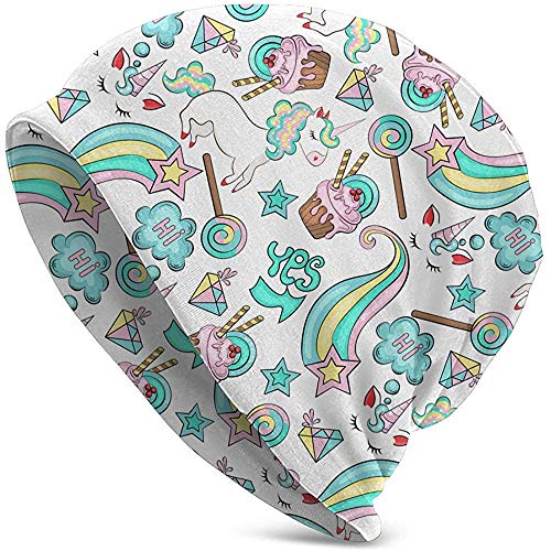 Frases de Unicornios de Colores Brillantes Hola y Nubes Tortas Elementos de Estrellas Sombrero de Punto para Hombres Adultos Gorro Unisex Gorros Holgados Ligeros Gorro de Punto Sombrero