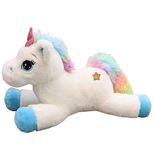 Georgie Porgy Niños Unicornio De Peluche con Cola Arcoiris Multicolor Pony De Peluche Regalos de Peluche para Niñas Mayores de 3 Años (Blanco 15'')