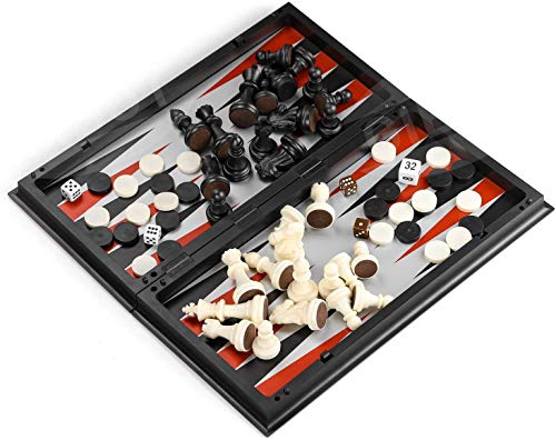 Gibot 3 en 1 Tablero de ajedrez,31.5CM x 31.5CM Tablero de Ajedrez Magnético con Ajedrez,Verificadores,Backgammon para niños y Adulto,Tablero de Juego Plegable y Portátil para Viajar,Blanco y Negro
