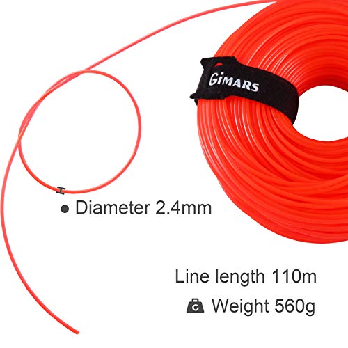 Gimars - Hilo para cortacésped (2,4 mm, 110 m, para desbrozadora de césped, hilo de repuesto para desbrozadora de césped, con brida de velcro)