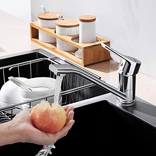 Grifo de Cocina con Caño Bajo, WOOHSE 360° Giratorio Mezclador Monomando para Fregadero Grifería de Lavabo de Latón Cromado Agua Fría y Caliente
