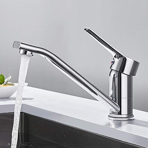 Grifo de Cocina con Caño Bajo, WOOHSE 360° Giratorio Mezclador Monomando para Fregadero Grifería de Lavabo de Latón Cromado Agua Fría y Caliente
