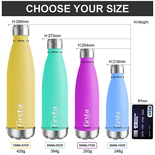 Grsta Botella de Agua, Botella Agua Acero Inoxidable sin BPA Pared 500ml/Cielo Azul Botellas de Frío/Caliente Termo Botellas Termica Prueba de Fugas para Niños, Adultos, Deporte, Yoga, Ciclismo
