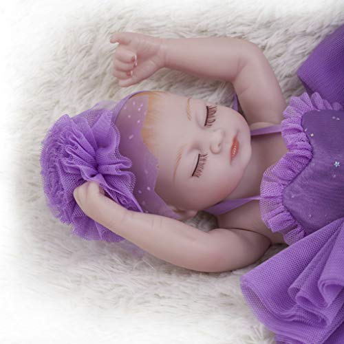 GuDoQi Mini Bebe Reborn Silicona Cuerpo Completo, 22cm Niña Bebé Durmiendo, Realista Renacida con Vestido Morado, Regalo para Niños