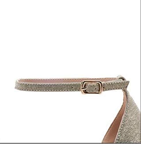 HLG Bombas de tacón para mujer pu finas con sandalias puntiagudas de baotou, modelos de marea, zapatos de lentejuelas, una hebilla,Gold,38EU