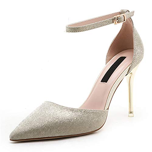 HLG Bombas de tacón para mujer pu finas con sandalias puntiagudas de baotou, modelos de marea, zapatos de lentejuelas, una hebilla,Gold,38EU
