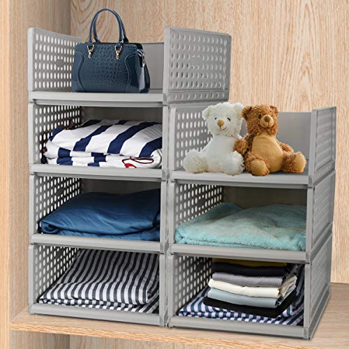 Hossejoy - Juego de 4 organizadores apilables de almacenamiento de armario de plástico, desmontables, cajones, cestas separadoras para ropa, vestidor, dormitorio, color gris