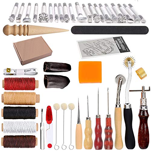HOSTK 33pc DIY Kit de Herramientas de Mano de Cuero Craft Set para Costura Costura Estampado Talla Sillín de Cuero Obra de Arte Accesorios Awl Thimble