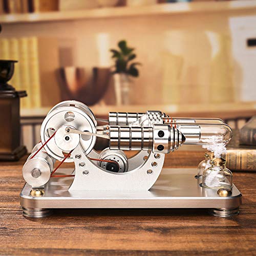 HPDOV Maquetas de Motores,Metal 2 Cilindros Stirling Engine Modelo Física Generador De Energía Motor Combustión Externa para Niños Adultos,Silver