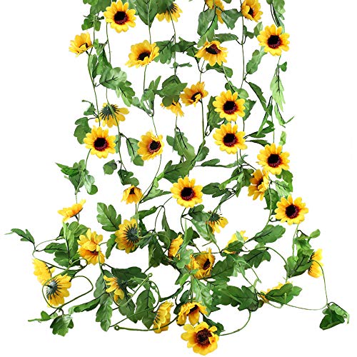 HUAESIN 4pcs Guirnalda de Flores Artificiales Girasoles Decoracion 2.5m Enredadera Artificial con Flores Hiedra Colgante Hojas Guirnalda Verde para Arco Enredadera Jardin Boad Pared Rejilla Amarillo