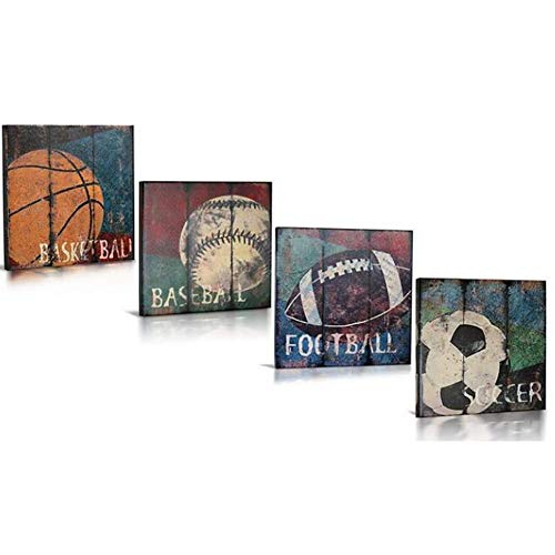 Iimpresión Balón Deportes Lienzo Ilustraciones Vintage Imágenes Baloncesto Béisbol Fútbol Americano Picture Imprime en Lienzo Ilustraciones para la decoración de la habitación,Noframe,60 * 60cm*4