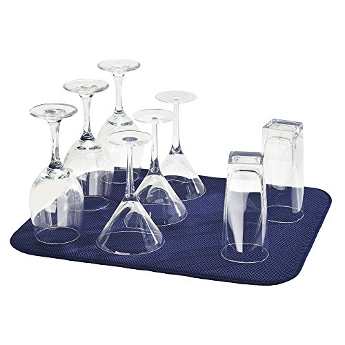 InterDesign iDry Tapete de Cocina, Alfombrilla escurreplatos Grande y Gruesa de poliéster y Microfibra para un Secado rápido, Azul Marino/Blanco