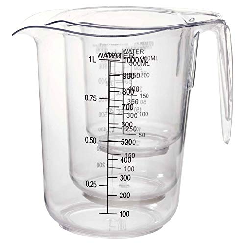 Jarra medidora de plástico transparente para hornear, juego de cocina, harina, azúcar, agua, verter tartas, mezcla de 3 tamaños (paquete de 3) apilable