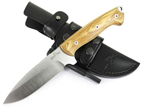 JEO-TEC Nº29 Cuchillo Supervivencia Caza Monte bushcraft Camping Outdoor Campo - Funda de Piel con pedernal y Piedra afilar incluidos - Acero MOVA 58 - Fabricado en España (Olivo)