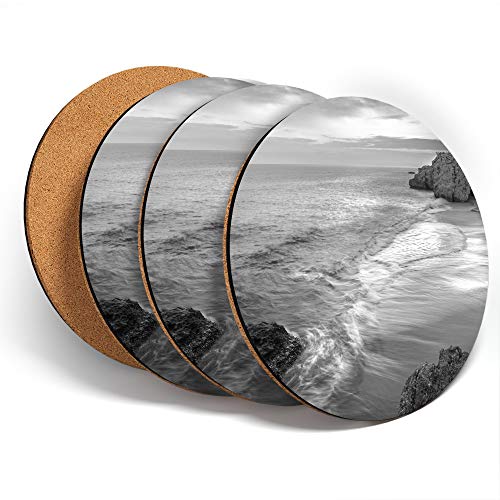 Juego de 4 posavasos redondos BW de Málaga Beach Sunset Spain Drink Bright para cualquier tipo de mesa #39306
