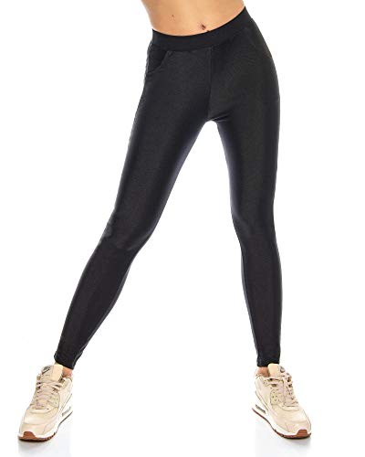 Kendindza leggings brillantes brillo con bolsillos | Opaco | cintura alta elástica (Negro (cintura elástica ancha), S)