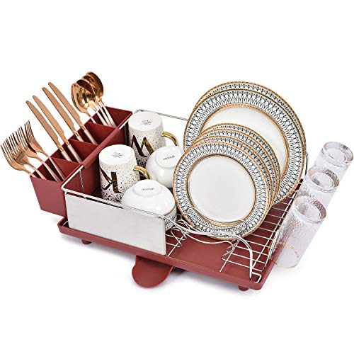 Kingrack Escurreplatos de acero inoxidable, estante de secado de platos con marco antioxidante, diseño opcional de 2 direcciones, extraíble y grande, soporte para utensilios de cocina, color rojo
