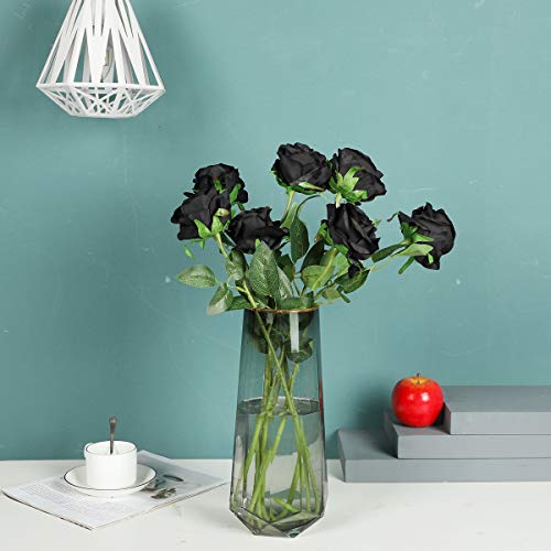 Kisflower 12 Unids Rosas Flores Artificiales Realista Flores de Tallo Único Ramo de Seda Rosa para Fiesta de Boda Oficina Decoración para el hogar (Negro)