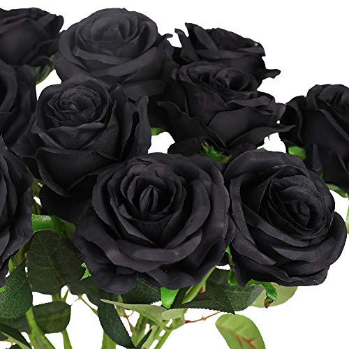 Kisflower 12 Unids Rosas Flores Artificiales Realista Flores de Tallo Único Ramo de Seda Rosa para Fiesta de Boda Oficina Decoración para el hogar (Negro)